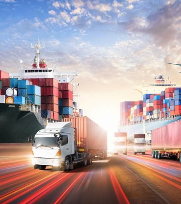 Business logistics and transportation concept of containers cargo freight ship and cargo plane in shipyard at sunset sky, logistic import export and transport industry background (Business logistics and transportation concept of containers cargo freig